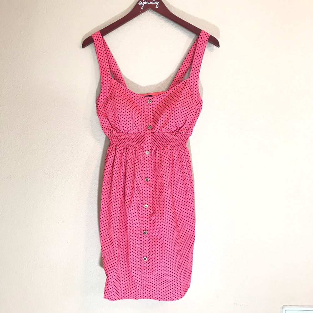 Coral with black polka dot sleeveless sundress euc